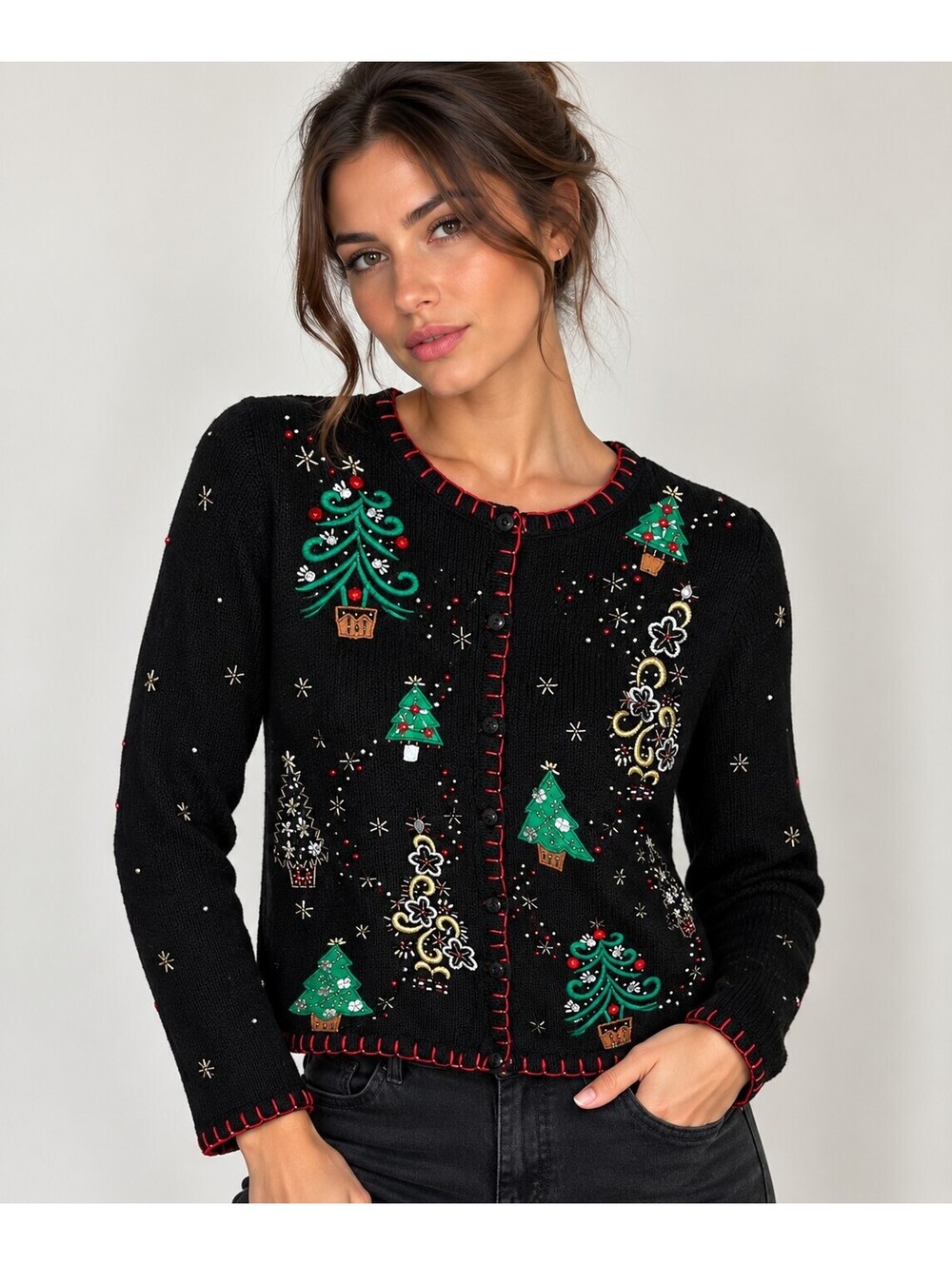 Vintage Designers Studio Black Christmas Cardigan Sweater Embellished S